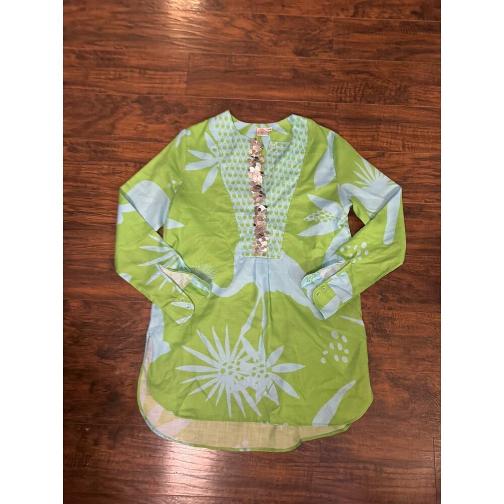 SHERIDAN FRENCH Linen Embellished Floral Green Print Tunic Blouse Top Size XS
